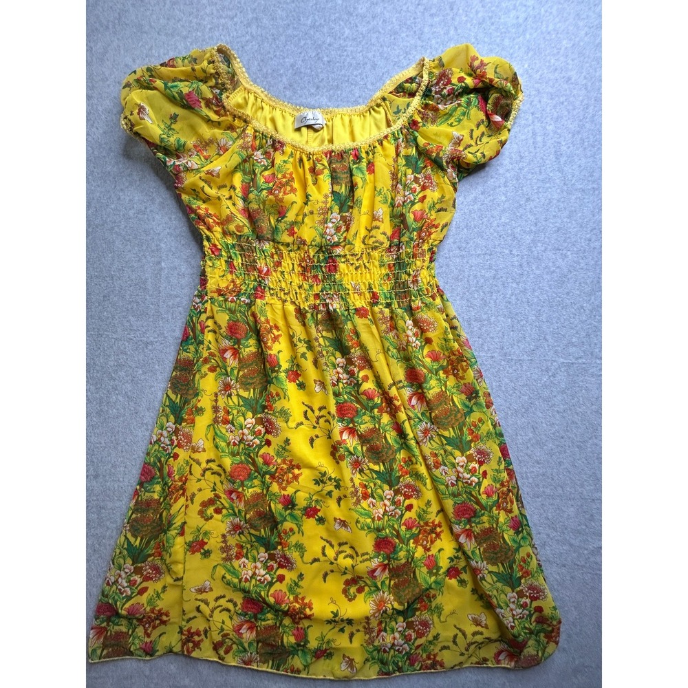 Chesley Yellow Floral Smocked Mini Dress Short Puff Sleeve Lace Trim XL